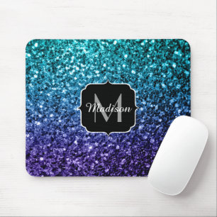Aqua blue Ombre faux glitter sparkles Monogram Mouse Pad