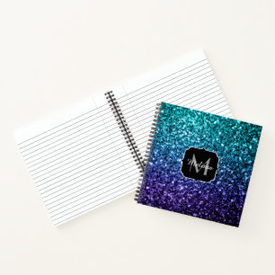 Aqua blue Ombre faux glitter sparkles Monogram Notebook
