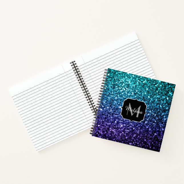 Aqua blue Ombre faux glitter sparkles Monogram Notebook (Inside)