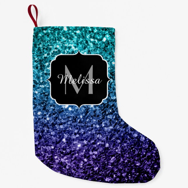 Aqua blue Ombre faux glitter sparkles Monogram Small Christmas Stocking (Front)