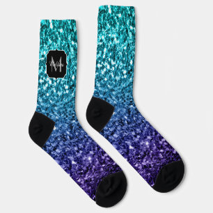 Aqua blue Ombre faux glitter sparkles Monogram Socks