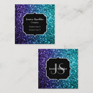 Aqua blue Ombre faux glitter sparkles Monogram Square Business Card