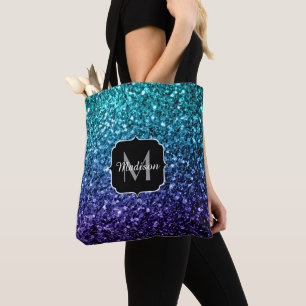 Aqua blue Ombre faux glitter sparkles Monogram Tote Bag