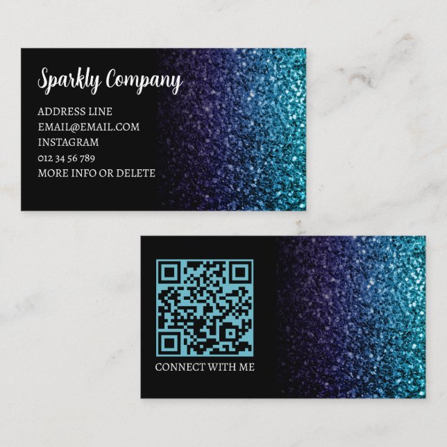 Aqua blue Ombre faux sparkle black elegant QR code Business Card (Front/Back)