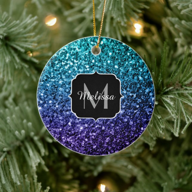 Aqua blue Ombre glitter sparkles Monogram Ceramic Ornament (Tree)