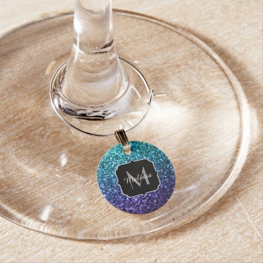 Aqua blue Ombre glitter sparkles Monogram Wine Glass Charms