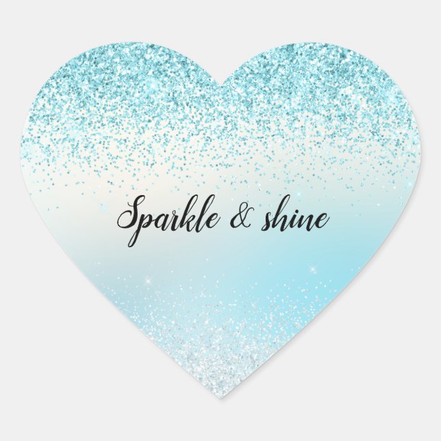 Aqua Blue Ombre Glitzy Sparkle Glitter Heart Sticker (Front)