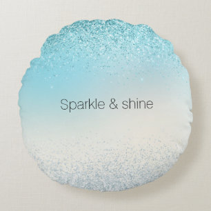 Aqua Blue Ombre Glitzy Sparkle Glitter Round Pillow