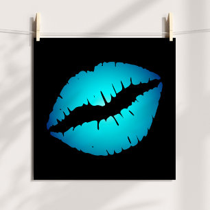 Aqua Blue Ombre Lipstick Kiss on Black Poster