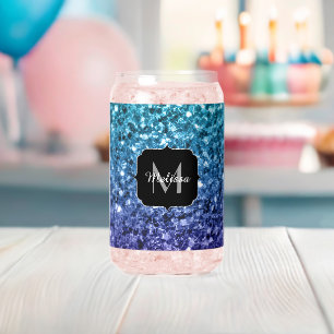 Aqua blue Ombre sparkles Custom Monogram Can Glass