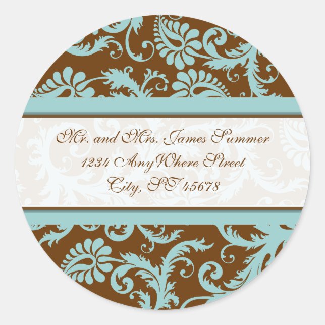 Aqua Blue on Brown Damask Address Wedding Stickers (Front)
