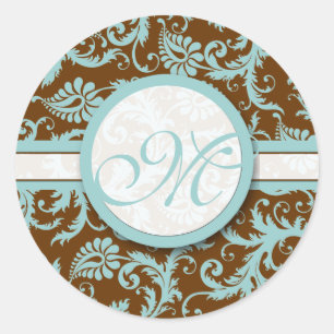 Aqua Blue on Brown Damask Wedding Stickers