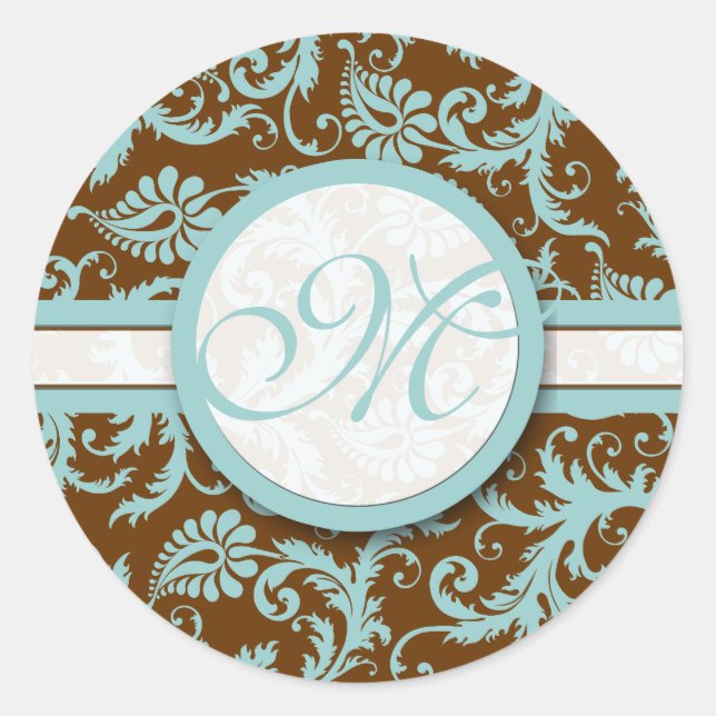 Aqua Blue on Brown Damask Wedding Stickers (Front)