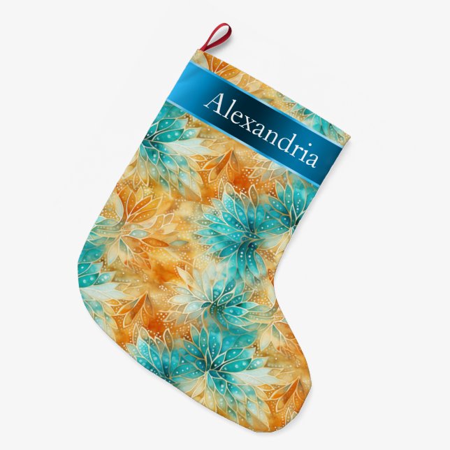 Aqua Blue Orange Floral Christmas Name Large Christmas Stocking (Front (Hanging))