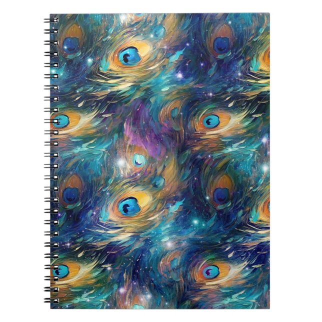 Aqua Blue Painted Peacock Feathers Notebook (Front)