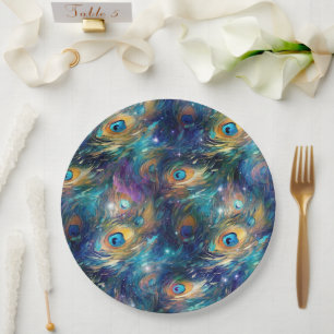 Aqua Blue Painted Peacock Feathers Paper Plate