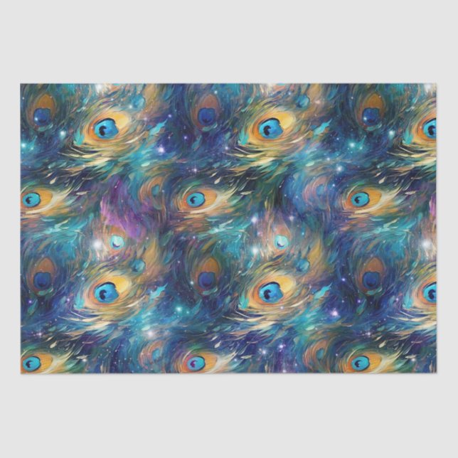 Aqua Blue Painted Peacock Feathers Tissue Paper (Front)
