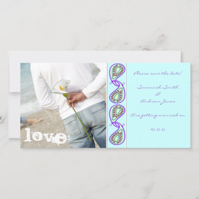 Aqua Blue Paisley Save the Date with Your Photo (Front)