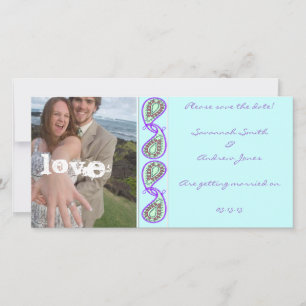 Aqua Blue Paisley Save the Date with Your Photo