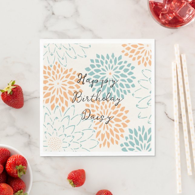 Aqua Blue Peach White Floral Birthday Napkin (Insitu)