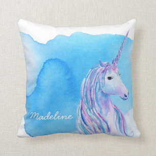 Aqua Blue Personalized Watercolor Unicorn Throw Pillow
