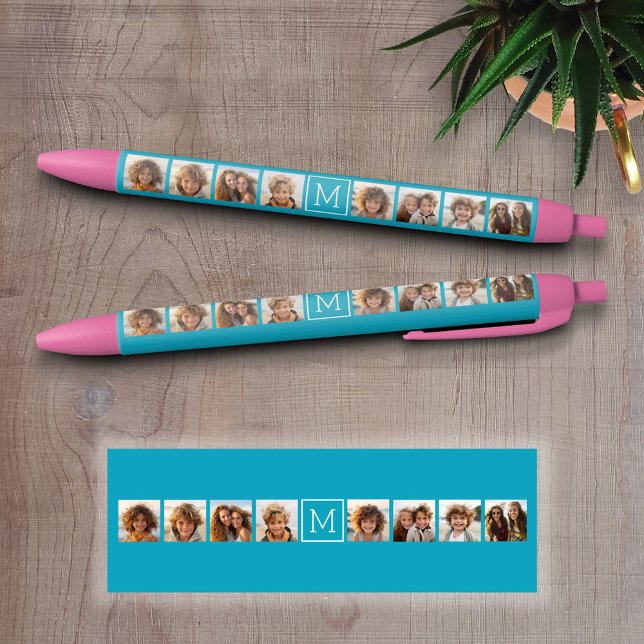 Aqua Blue Photo Collage Custom Monogram Black Ink Pen (Custom Pen - Personalize this writing pen with photos, your name, monogram or other text)