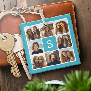Aqua Blue Photo Collage Custom Monogram Keychain