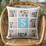 Aqua Blue Photo Collage Custom Monogram Throw Pillow<br><div class="desc">You can use Instagram photos for this design. Use 8 square photos to create a unique and personal gift. Or you can keep the hipster puppy and make a trendy keepsake. If you need to adjust the pictures,  click on the customize tool to make changes.</div>
