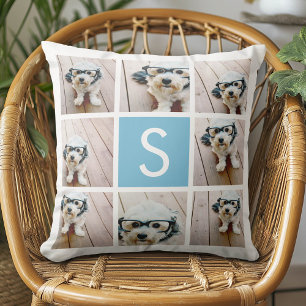 Aqua Blue Photo Collage Custom Monogram Throw Pillow