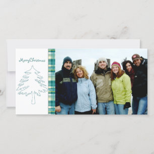 Aqua Blue Pine Tree & Plaid Merry Christmas Holiday Card