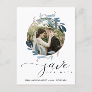AQUA BLUE PINK FOLIAGE WREATH SAVE THE DATE PHOTO ANNOUNCEMENT POSTCARD