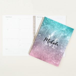 Aqua blue Pink ombre mer galaxie abstraite Monogra