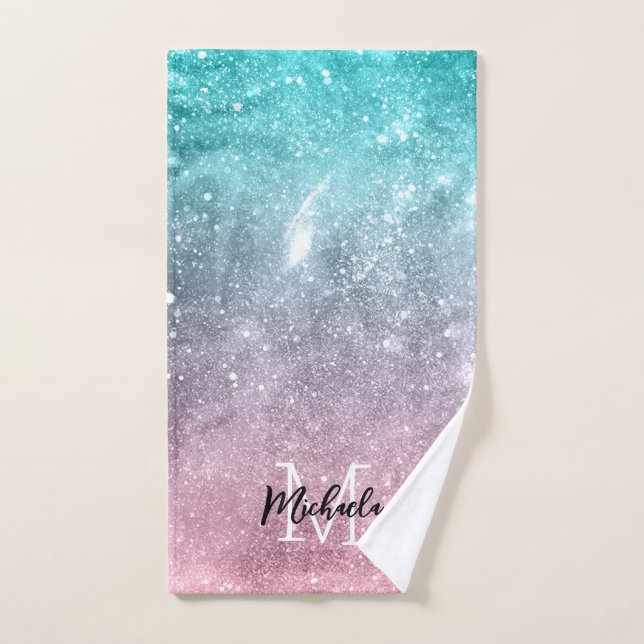 Aqua blue Pink ombre mer galaxie abstraite Monogra (Serviette à main)