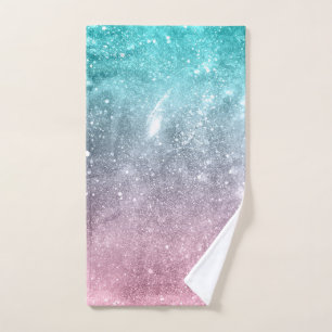 Aqua blue Pink ombre sea galaxy abstract Bath Towel Set