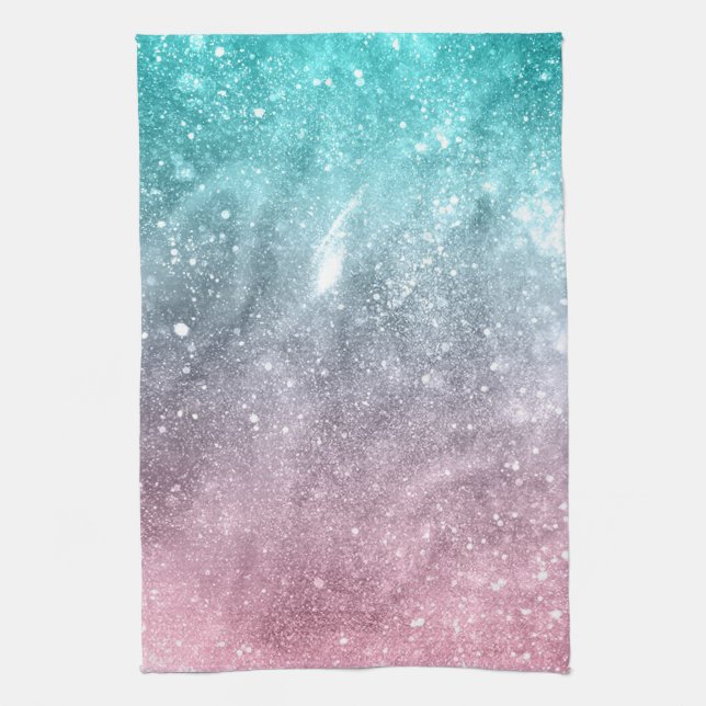 Aqua blue Pink ombre sea galaxy abstract Kitchen Towel (Vertical)