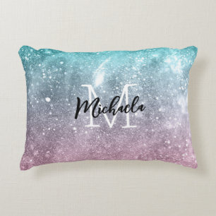 Aqua blue Pink ombre sea galaxy abstract Monogram Accent Pillow