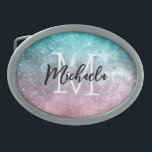 Aqua blue Pink ombre sea galaxy abstract Monogram Belt Buckle<br><div class="desc">Monogram Personalize with your custom initial and name. Sea pink viridian green ombre abstract galaxy trendy design. Abstract digital galaxy with sea pink and viridian green ombre colours from coral collection.</div>