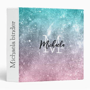 Aqua blue Pink ombre sea galaxy abstract Monogram Binder