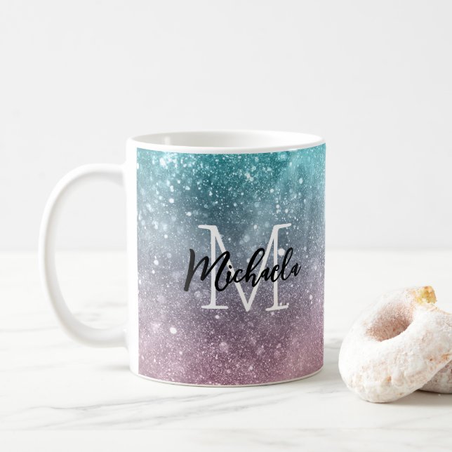 Aqua blue Pink ombre sea galaxy abstract Monogram Coffee Mug (With Donut)
