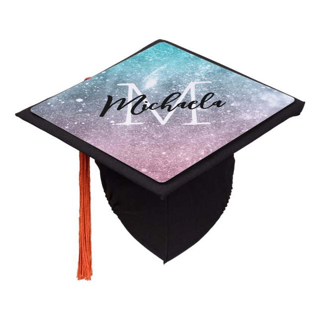 Aqua blue Pink ombre sea galaxy abstract Monogram Graduation Cap Topper (Angled)