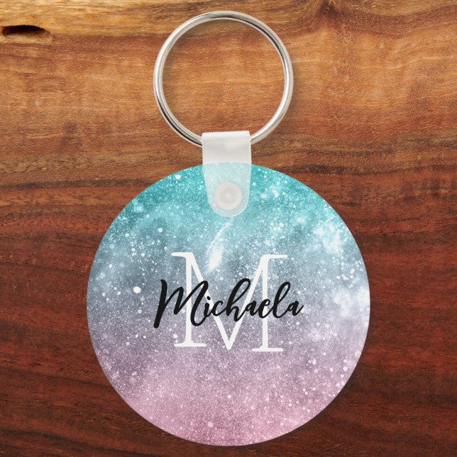 Aqua blue Pink ombre sea galaxy abstract Monogram Keychain (Front)