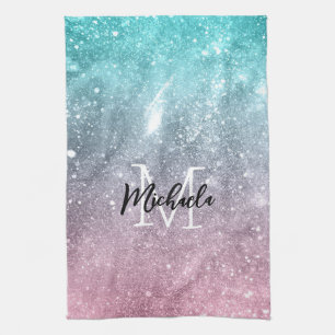 Aqua blue Pink ombre sea galaxy abstract Monogram Kitchen Towel