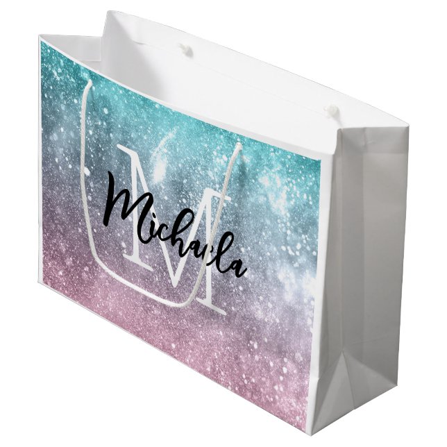 Aqua blue Pink ombre sea galaxy abstract Monogram Large Gift Bag (Front Angled)