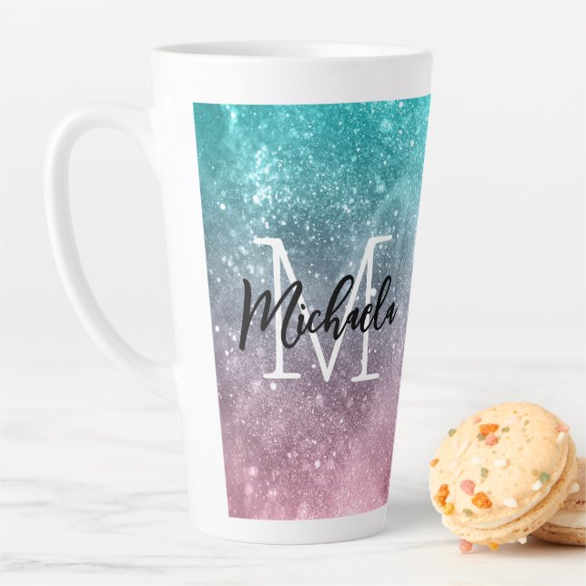 Aqua blue Pink ombre sea galaxy abstract Monogram Latte Mug (In Situ)