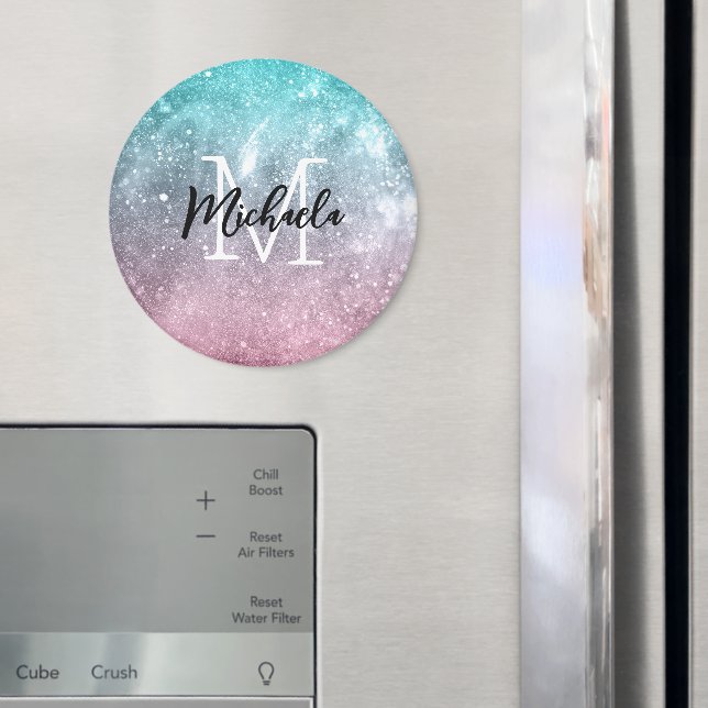 Aqua blue Pink ombre sea galaxy abstract Monogram Magnet (In Situ (Fridge))