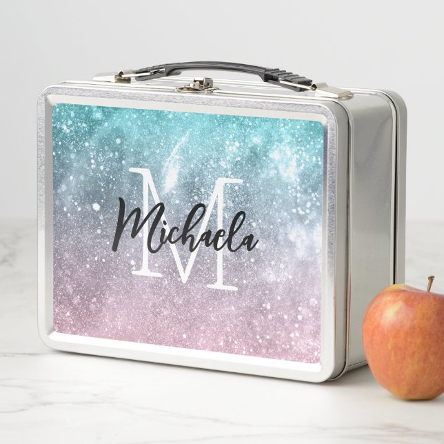 Aqua blue Pink ombre sea galaxy abstract Monogram Metal Lunch Box (In Situ)
