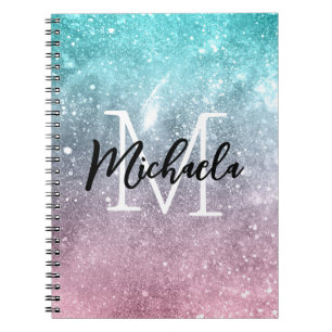 Aqua blue Pink ombre sea galaxy abstract Monogram Notebook