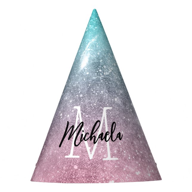 Aqua blue Pink ombre sea galaxy abstract Monogram Party Hat (Front)