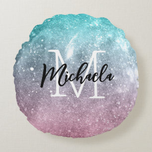 Aqua blue Pink ombre sea galaxy abstract Monogram Round Pillow