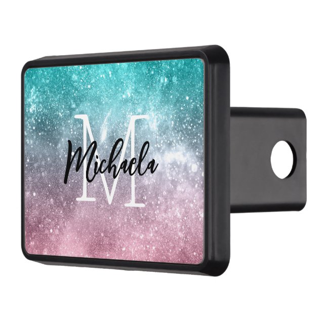 Aqua blue Pink ombre sea galaxy abstract Monogram Trailer Hitch Cover (Left)
